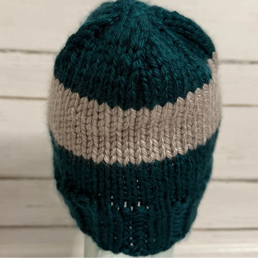 Hand-Knit Greenish Teal & Grey Beanie
